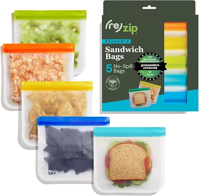 (re) zip 5-pack Reusable Sandwich Lunch Food Storage Bags | BPA-Free, Food Grade, Leakproof, Freezer Safe, Dishwasher Safe, Travel Friendly | Multicolor for Easy Organization