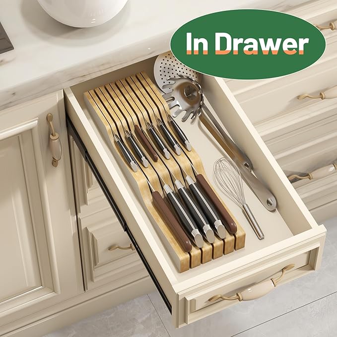 Knife Drawer Organizer Insert, Bamboo Wood Knife Holder, Knife Block Holds Up To 11 Knives