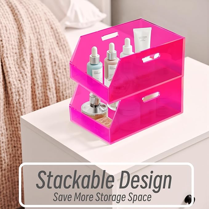 Gelite Stackable Storage Bins Open Front Organizer Bins with Handles Acrylic Storage Container for Pantry Kitchen Cabinet Bathroom Closet Office Organization, 15.4x11.4x6.7'', Neon Pink