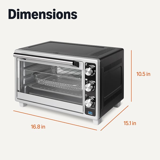 Amazon Basics 6-Slice 23-QT Toaster Oven with Built-In Air Fryer, 7-In-1 Cooking Options, 60-Min Timer & Adjustable Temperature (200°F - 450°F), With Accessories, 1500W, Stainless Steel, Silver/Gray
