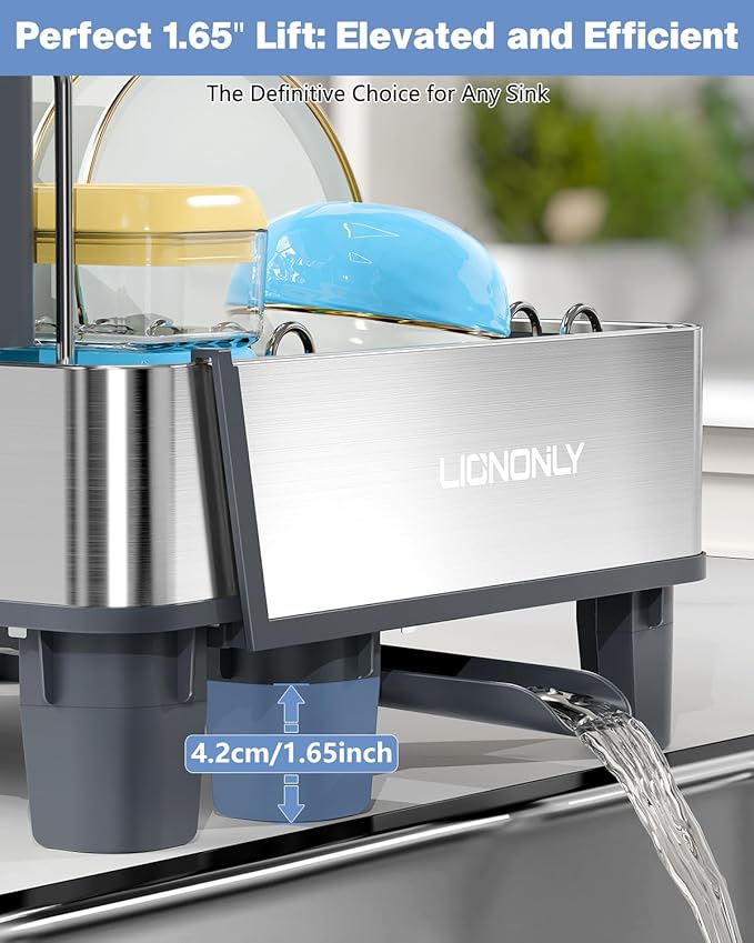 Dish Drying Rack, 304 Stainless Steel Expandable Dish Rack with Adjustable Drain Spout, Large Capacity Dish Drainer with Utensil Holder, Cup Holder and Cutting Board Rack for Kitchen Counter, Gray