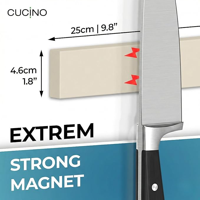 CUCINO Magnetic Knife Holder for wall, 10" no drilling required, includes self-adhesive tape, extra strong for holding knives – Awarded magnet strip – Beige Rubber