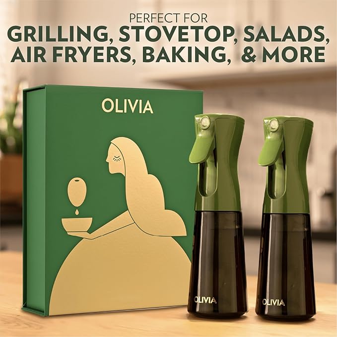 OLIVIA SIGNATURE Advanced Kitchen Oil Sprayer Technology, Fine Mist & Portion Control, Refillable Glass Olive Oil Cooking Spray Bottle for Air Fryer, Salad, BBQ, 2 Pack 200ml (Green)