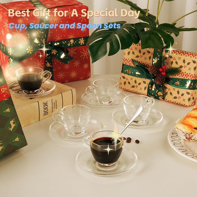 Glass Espresso Shot Cups with Saucers Set of 6, Clear Small Demitasse Cup with Stainless Steel Spoons, Dishwasher & Microwave Safe Tiny Coffee Mugs Only for Espresso, 2.5OZ/75M