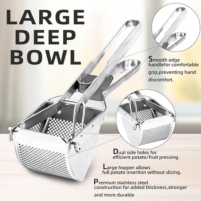 QRU Large Potato Ricer, Heavy Duty Stainless Steel Potato Masher for Commercial and Home Use, Fruit Press Baby Food Masher (Silver)