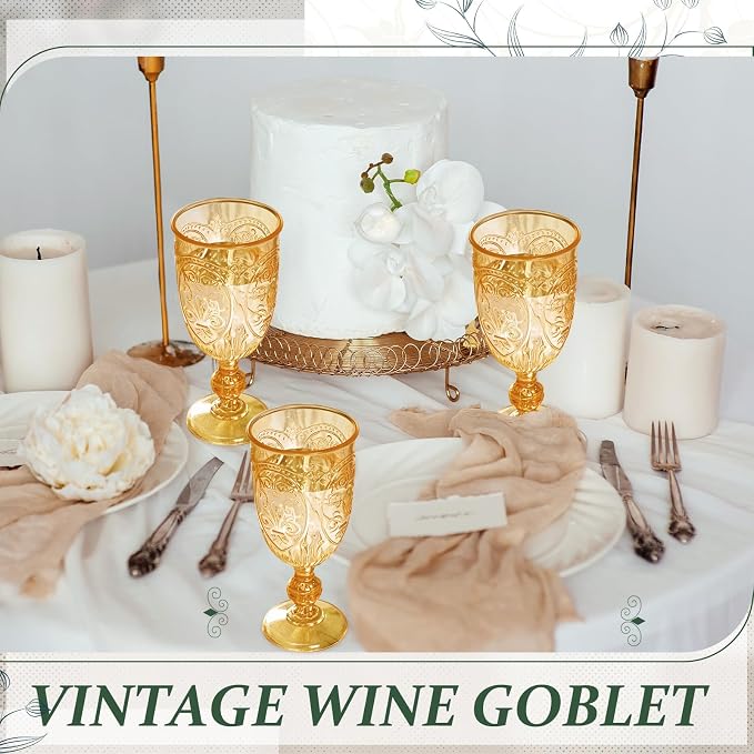 Wiwiqing 6 Pcs Plastic Goblets 7.5oz Vintage Goblet Plastic Wine Glasses Colored Retro Embossed Water Goblets for Wine Bar Juice Baby Shower Wedding Reception Grand Event Party (Amber)