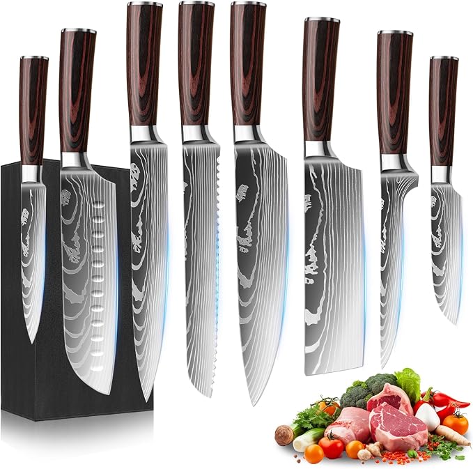 8-Piece Premium Japanese Kitchen Knife Set - Star Collection, Laser Damascus Pattern, 440A Stainless Steel Ultra Sharp for Fast Cutting (Redwood 8J)