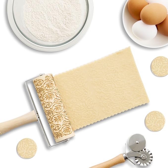 Mrs. Anderson’s Baking Mini Embossing Rolling Pin, Floral Scroll Design, Poplar Wood and Chrome-Plated Iron