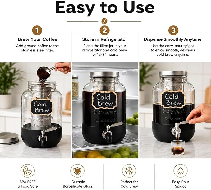 Cold Brew Coffee Maker With, Cold Brew Pitcher,1 Gallon Glass Pitcher With Stainless Steel Filter,304 Stainless Steel Leak-Proof Spigot,100% Leakproof,Large Iced Coffee Maker for Home, Easy to Use