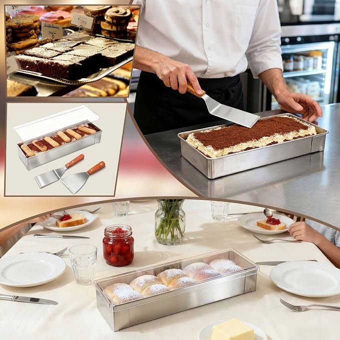 Blushtier 3 Pc Nonstick Rectangle Tiramisu Cake Pan with Acrylic Lid and 2 Metal Spatula Removable Frame 304 Stainless Steel Cake Baking Molds for Tiramisu Cheesecake Mousse (11.81 x 3.94 x 2.56 Inch)