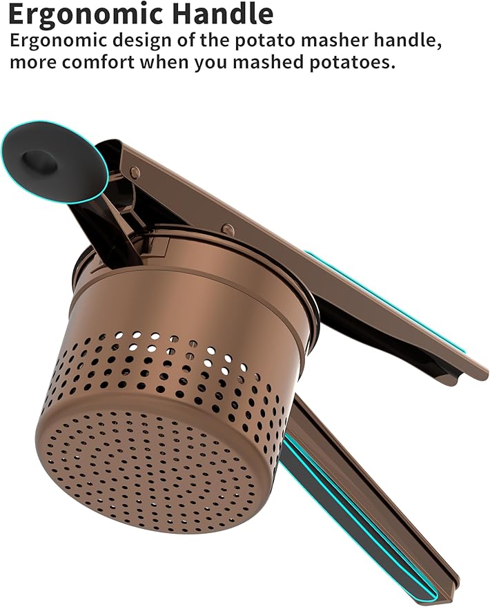 GloTika Large 15oz Potato Ricer, Heavy Duty Stainless Steel Ricer for Mashed Potatoes, Sweet Potato Masher Kitchen Tool with Ergonomic Handle, Press and Mash Kitchen Gadget, Bronze Color