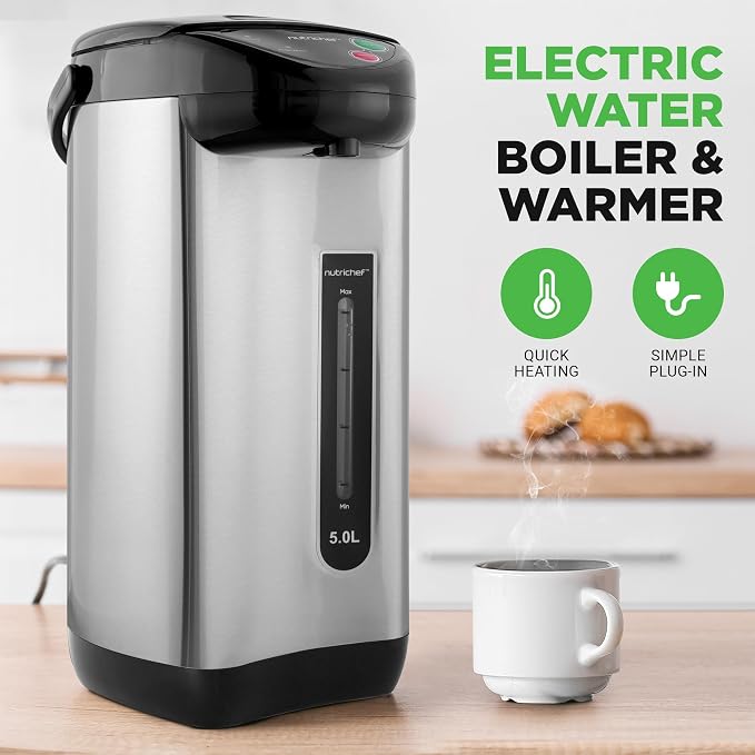 NutriChef 5.2 Qt Hot Water Dispenser with 5 Temperature Settings | Digital water boiler with 3 dispensing options, stainless steel interior, safety lock, and quick heating.