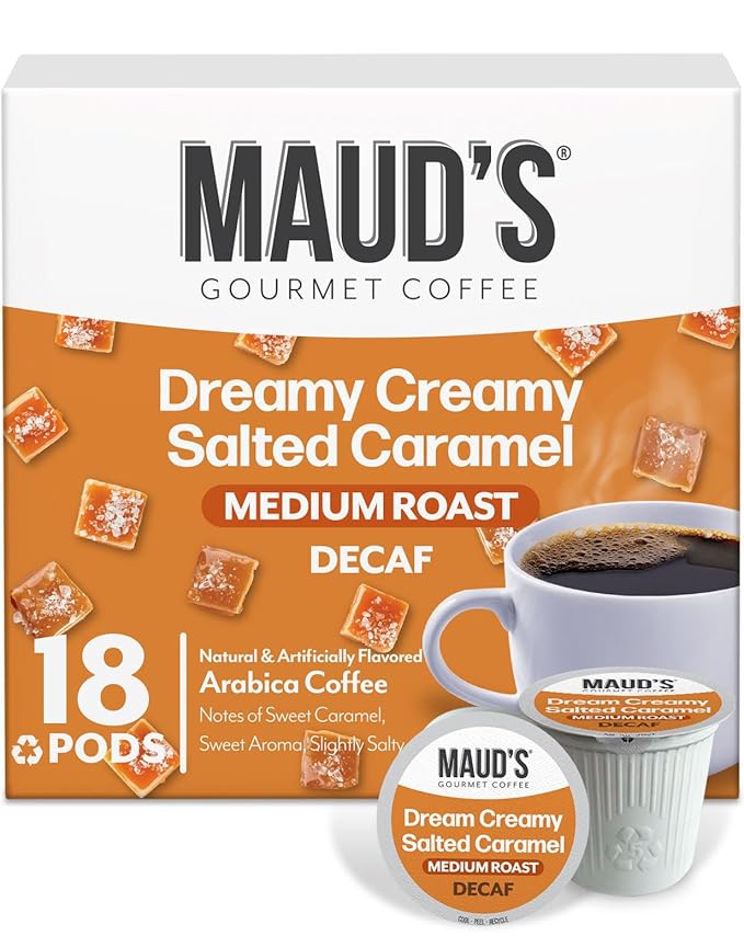 Maud's Decaf Salted Caramel Flavored Coffee Pods, 18 ct, Decaffeinated Medium Roast Flavored Coffee in Single Serve Pods – 100% Arabica Beans, Compatible with Keurig K Cups Maker