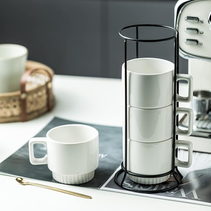 Miamolo Coffee Mugs Set of 4, Stackable Coffee Cups with Stand and Spoons | 11oz, Ceramic | for Espresso Cappuccino Latte Tea Drinks | Dishwasher & Microwave Safe | Housewarming Gift | White
