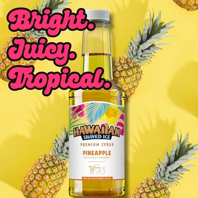 Hawaiian Shaved Ice Pineapple Syrup - Nut Soy Dairy Free - Flavor Fluffy & Crunchy Snow Cones - Shelf Stable - Makes 8 Servings - 16 ounces