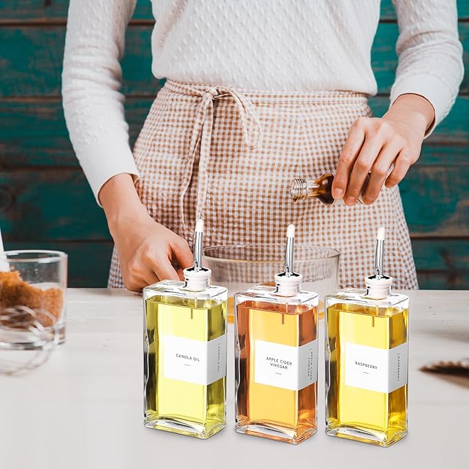 Reallnaive 3 Sets Olive Oil Dispenser Bottles for Kitchen with Nozzles Funnel Labels Cooking Oil Dispenser 500ml Set for Kitchen Vinegar Coffee Syrup (Silver)