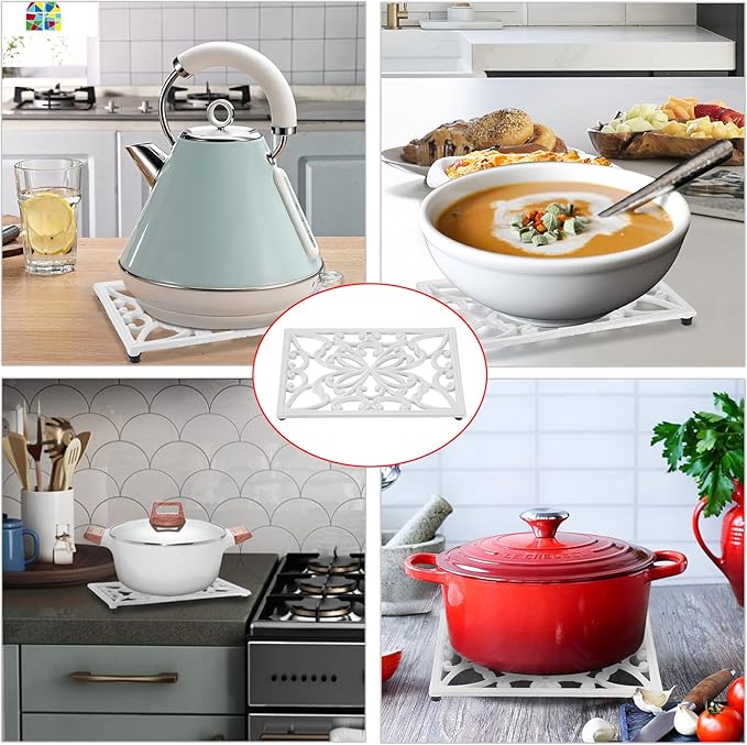 Sumnacon Cast Iron Trivet 2 Pack Heat Resistant Iron Trivets for Hot Dishes Pots Pans Plates Teapots,Rustic Cast Iron Trivet for Cooktop Kitchen Dining Table Metal Trivets with Rubber Feets,White