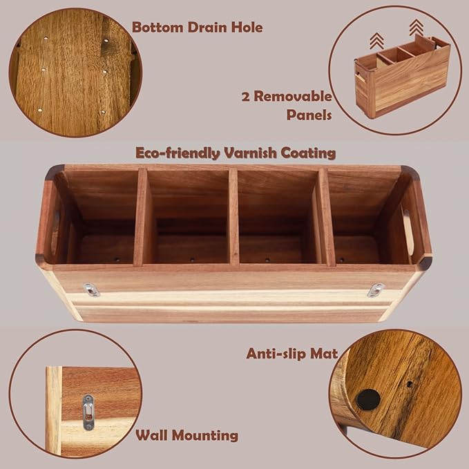 Wooden Kitchen Utensil Holder for Countertop - Extra Large Utensil Organizer for Storage Cooking and Silverware with 4 Compartment, Rustic Acacia Wood Container