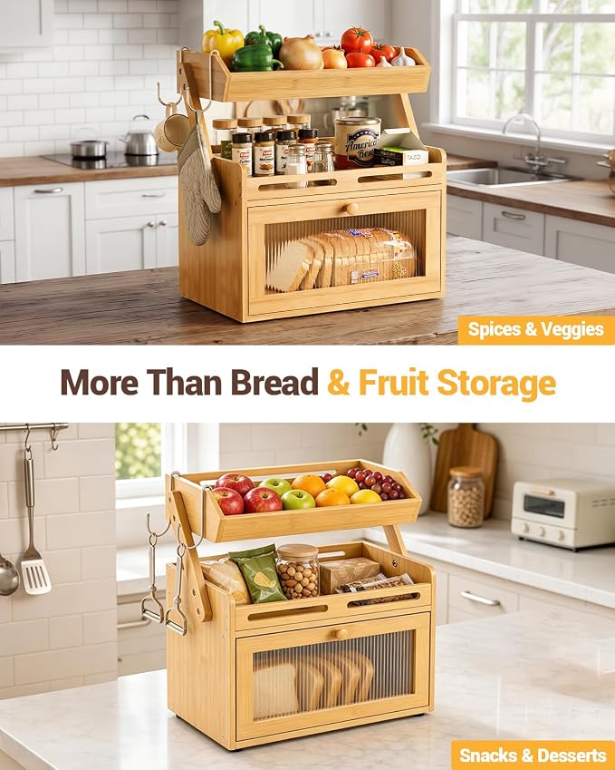 Bread Box for Kitchen Countertop, Bamboo Bread Storage Container with Fruit Basket, Clear Door & Magnetic Closure, Raised-Rail Shelves & 2 Banana Hooks, Farmhouse Pantry Organizer