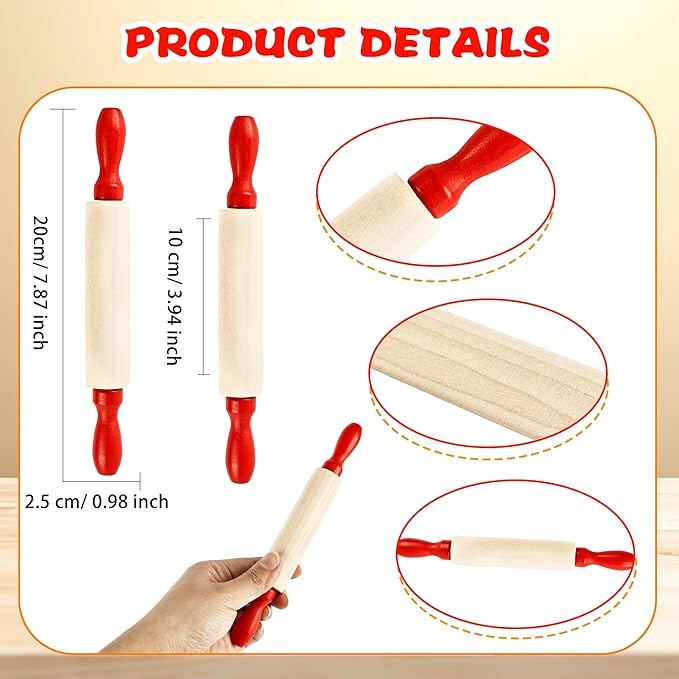 16 Pcs 8 Inch Mini Wooden Rolling Pins Small Wood Rolling Pin Wooden Roller with Red Handle for Kitchen Baking Pastry Cake Cookie Chef Role-playing Game