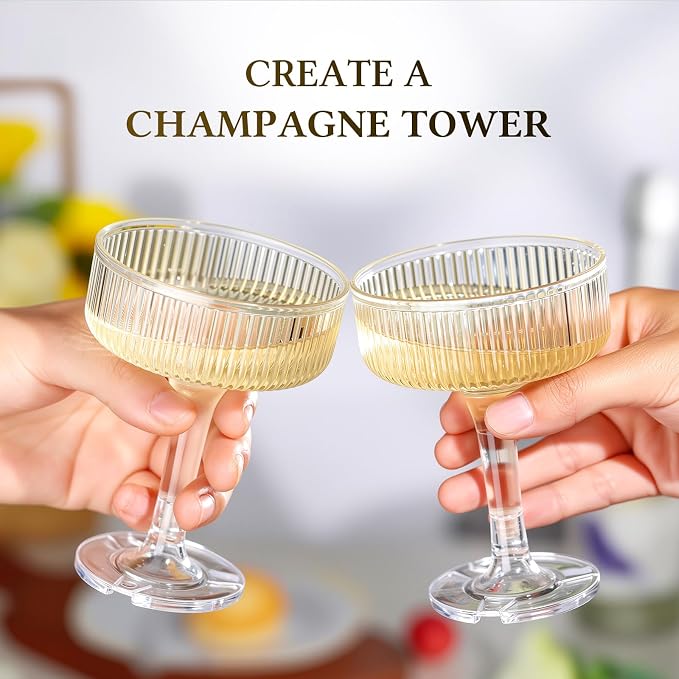 Goodluck 4-Tier Champagne Glasses - 20 PCS 7oz Clear Plastic Champagne Flutes, Plastic Coupe Glasses with Vertical Stripes for Weddings, Celebrations, Parties & Birthdays