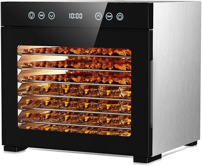 Food Dehydrator Machine, Powerful Food Dryer with 8 Stainless Steel Trays, Adjustable Temperature up to 167°F & 48-Hour Timer for Jerky, Fruits, Herbs - Includes Mesh Tray, Drip Tray & Recipe Guide