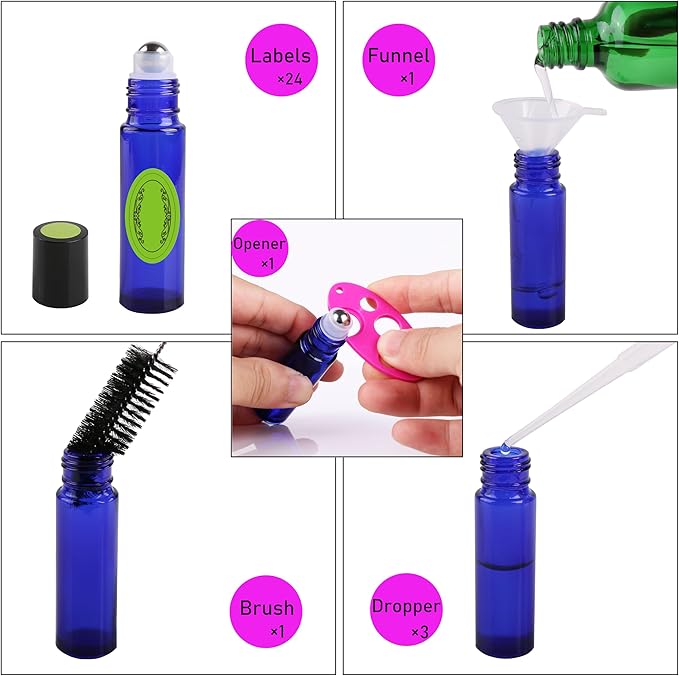 inice 24 Pack,10ml Roller Bottles for Essential Oils Cobalt Blue Glass Stainless Steel Roll On Ball Bottles for Travel