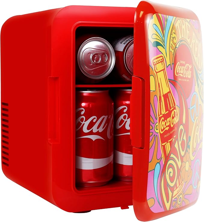 Coca Cola Mini Fridge - Refrigerator for Bedroom Office, Portable Table Top Beverage Cooler, 12V 110V Refrigerador For Drinks, Soda, Wine, Use In Car, Dorm, Outdoor, Patio, 6 Can