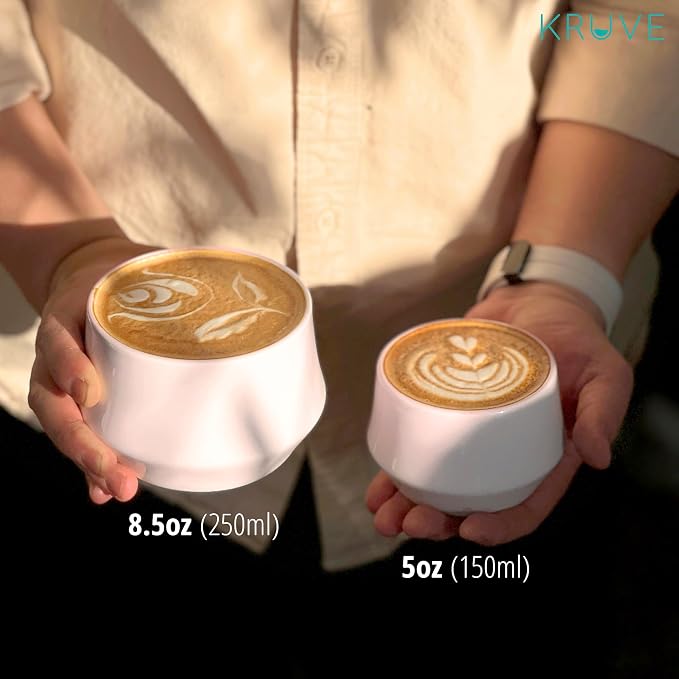 KRUVE Porcelain Latte Coffee Cups, Double Walled Insulated, Spherical Design for Latte Art, 8.5oz (Pink, Set of Two)