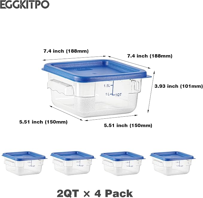 EGGKITPO 4 Pcs 2 QT Square Food Storage Containers with Blue Lids Home Kitchen Container Set with Handle, Clear Scarle for Grain Bean Stackable Dishwasher Freezer Safe BPA-Free Polycarbonate
