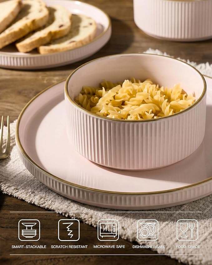 Famiware Star 12-Piece Stoneware Dinnerware Set for 4 – Pink, Ribbed Ceramic Plates and Bowls with Rim – Modern Rustic Dishes, Everyday & Formal – Chip & Scratch Resistant, Microwave & Dishwasher Safe