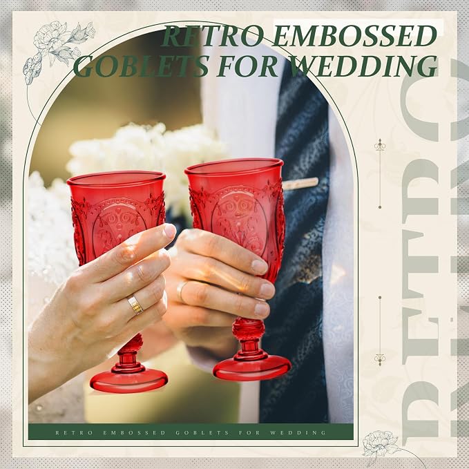 Wiwiqing 24 Pcs Plastic Goblets 7.5oz Vintage Goblet Plastic Wine Glasses Colored Retro Embossed Water Goblets for Wine Bar Juice Baby Shower Wedding Reception Grand Event Party (Red)