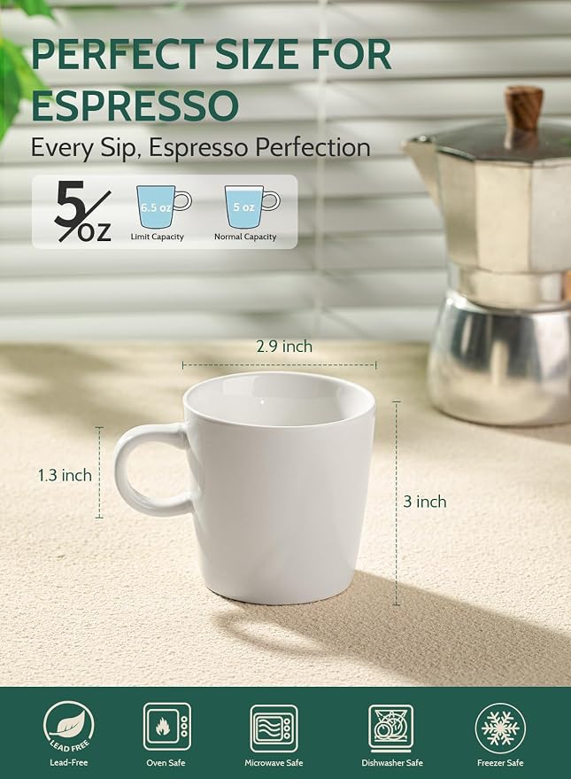 Sweese 5oz Porcelain Espresso Cups Set of 4, Mini Coffee Mugs Demitasse Cups - White