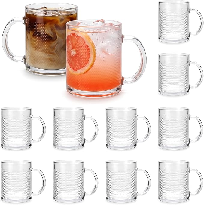 QAPPDA 12oz Clear Embossed Glass Coffee Mugs Set of 12, Glass Mugs with Handles, Vintage Iced Coffee Glass Cups for Tea Water Overnight Oats, Housewarming & Birthday Gifts for Women