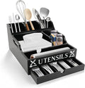 Large Kitchen Utensil Holder with Drawer Organizer, Bamboo Silverware Organizer for Countertop, Cutlery Tray with Dividers for Flatware Spoon Forks Knives Cooking Tool (Black)