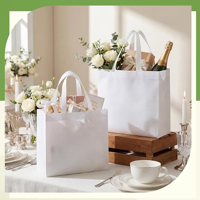 Eccliy Reusable Gift Bags Set Glossy Grocery Gift Tote Bag with Handle for Wedding, Bridal Shower, 4th of July, Summer Event(12 x 11 x 4.7 I Inch,White,80 Pcs)