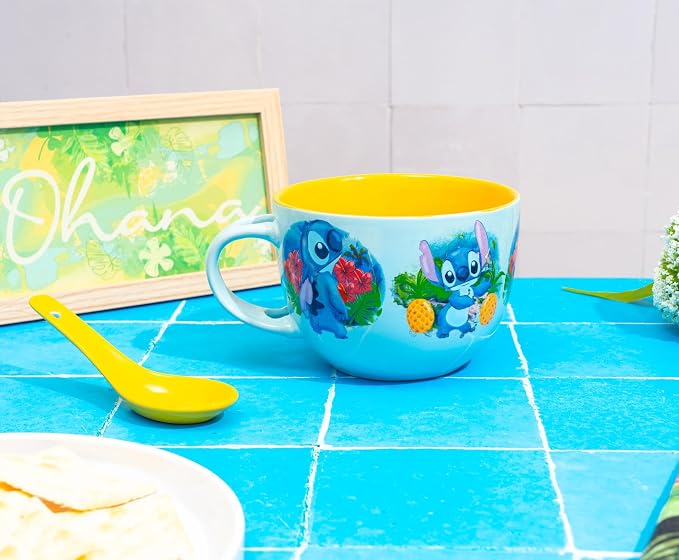 Silver Buffalo Disney Lilo and Stitch Tropical Water Hawaii Ceramic Soup Mug with Spoon Set, 24 Ounces