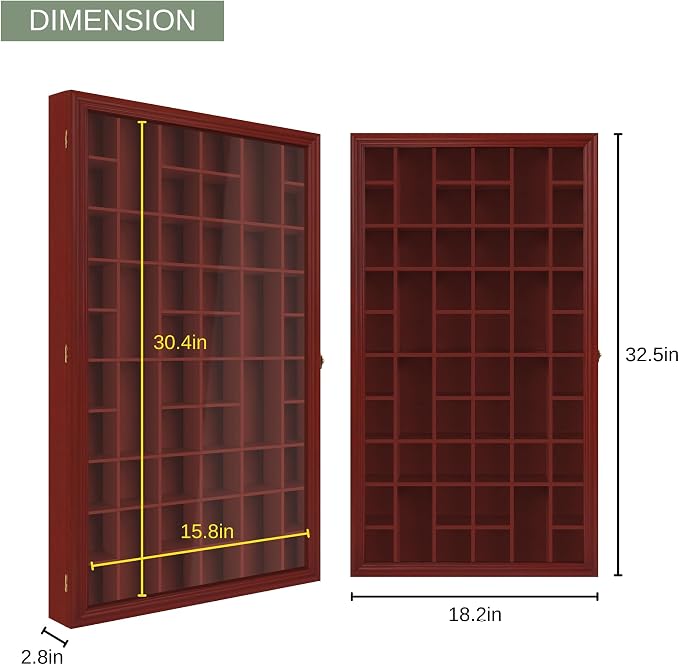 Shot Glass Display Cabinet Solid Wood - Large Display Case for Collectibles | Man Cave Accessories | UV Protection Acrylic Door | Wall Mounted Black Shadow Box | 52 Slots | 32"x17" Mahogany
