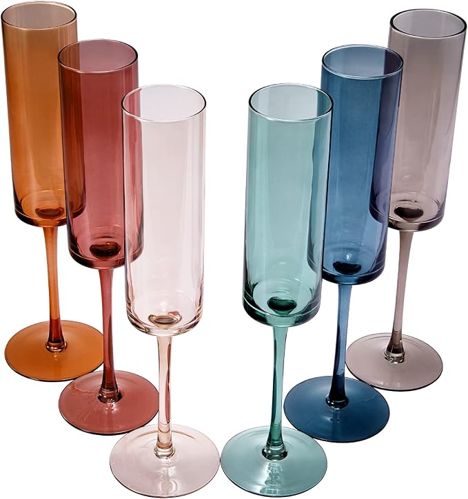 Khen Colored Champagne Flute Stemmed Glasses | Set of 6 | 6oz Art Deco Stemmed Martini Muted Vintage Glasses for Champagne, Cocktail, Margarita, Wedding Glass, Gift Idea, Muted Pastel Colors Unique