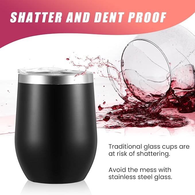 Remagr 16 Pack Stainless Steel Wine Tumblers 12 oz Insulated Vacuum Wine Cup Set Double Wall Stainless Steel Stemless Mug Glasses for Coffee Soda Whiskey Outdoor Travel (Black)