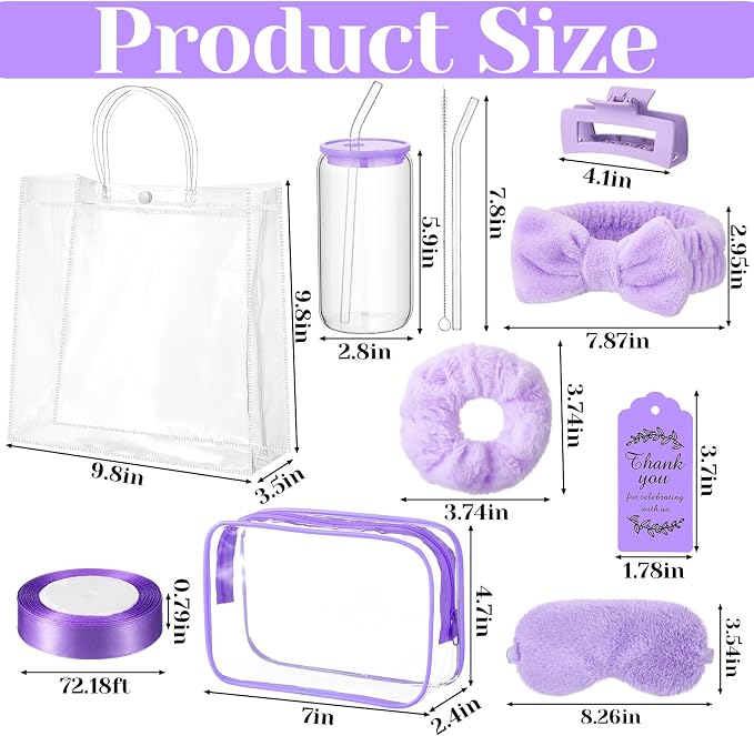 48 Pcs/6 Sets Baby Shower Prizes Winners Include Glass Cans Spa Headband Plush Sleep Eye Mask Hair Claw Clips Clear Cosmetic Bags Baby Shower Player Winner Gifts Bridal Game Gifts(Purple)