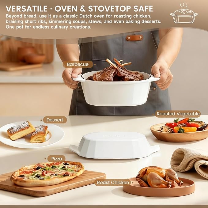 Enameled Cast Iron Dutch Oven for Bread Baking – 3QT Oval Round Heavy Duty Bread Pan with Lid, Non-Stick Ceramic Coating,Loaf Cast Iron Bread Oven for Sourdough, Baking, Roasting, Braising, Stovetop & Oven Safe