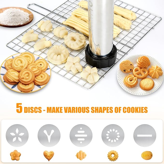 PAHTTO Churro Maker Machine, Stainless Steel Churros Gun Kit, 3-in-1 Multifunctional Cookie Press Hollow Churro with Piping Bag, 7 Piping Nozzles, 9 Cookie Discs & 2 Brushes, Easy to Clean