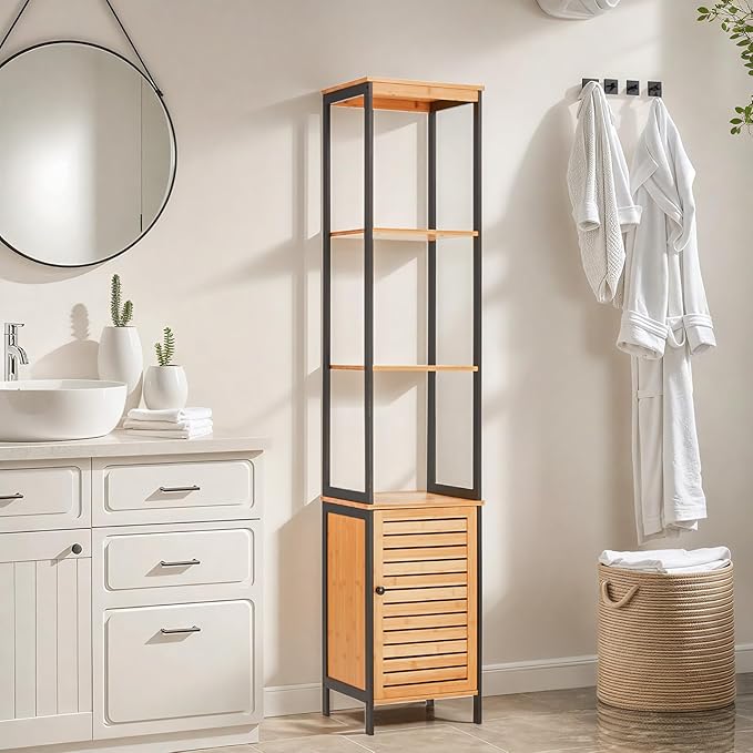 Tall Bamboo Bathroom Cabinet, 5 Tier Floor Shelving Unit with Open Shelves & Cabinet Storage, Premium Moso Bamboo Organizer for Bathroom, Kitchen, or Living Room
