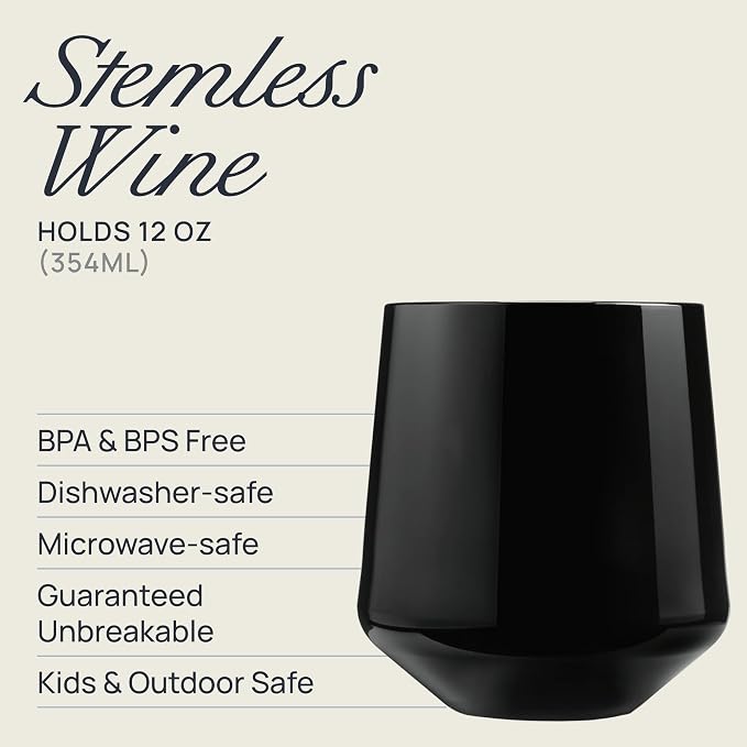 Drinique Unbreakable Stemless Wine Glasses - Set of 4 - Made in USA 12 oz Tritan Unbreakable Plastic Wine Glasses, Reusable for Indoor or Outdoor Use, BPA Free & Shatterproof, Black