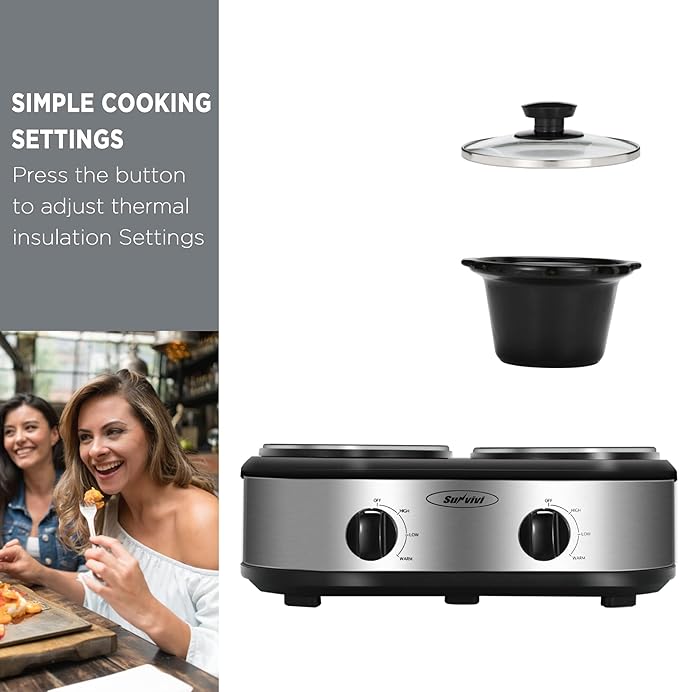 Sunvivi Dual Slow Cooker, Buffet Server and Food Warmer, Small Mini Pot with 3 Adjustable Temp & 2 Visible Glass Lids, for Parties, Holidays and Entertaining, Stainless Steel, 2 * 1.25 Quarts