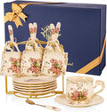 YOLIFE 8 OZ Tea Cups and Saucers Set of 6, Ivory Porcelain Tea Cups Set with Stand, Rose with Gold Leaves Trim Design, Gift for Women (Includes Gift Box, Tote Bag, Greeting Card)