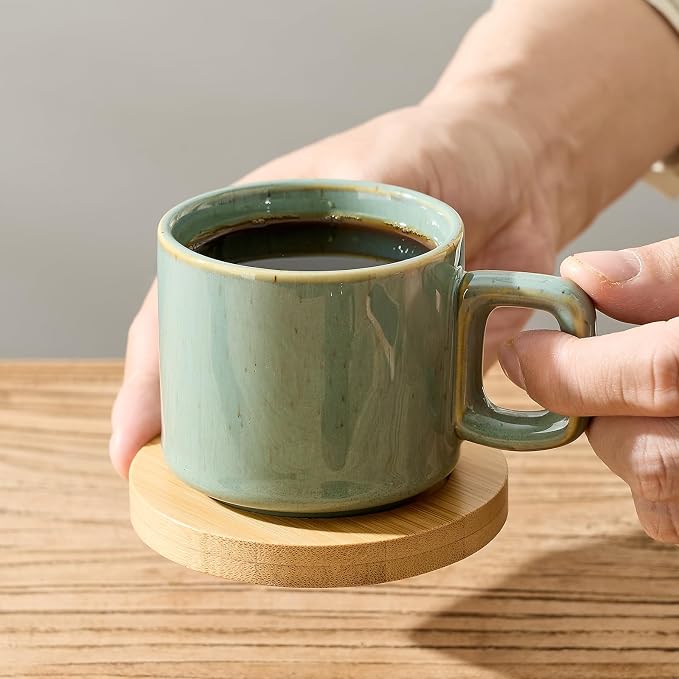LUKA Porcelain Stackable Espresso Cups with Saucers and Metal Stand, 4 Ounce Small Ceramic Demitasse Cups Set for Latte, Specialty Coffee Drinks, Cafe Mocha,Tea - Set of 4, Wild Sage Earth