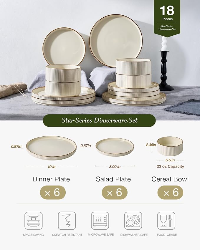 Famiware Star 18-Piece Stoneware Plates and Bowls Sets, Service for 6, Ceramic Dinnerware with Trim, Modern Rustic Dishes for Everyday/Formal, Chip/Scratch Resistant, Microwave/Dishwasher Safe, Cream