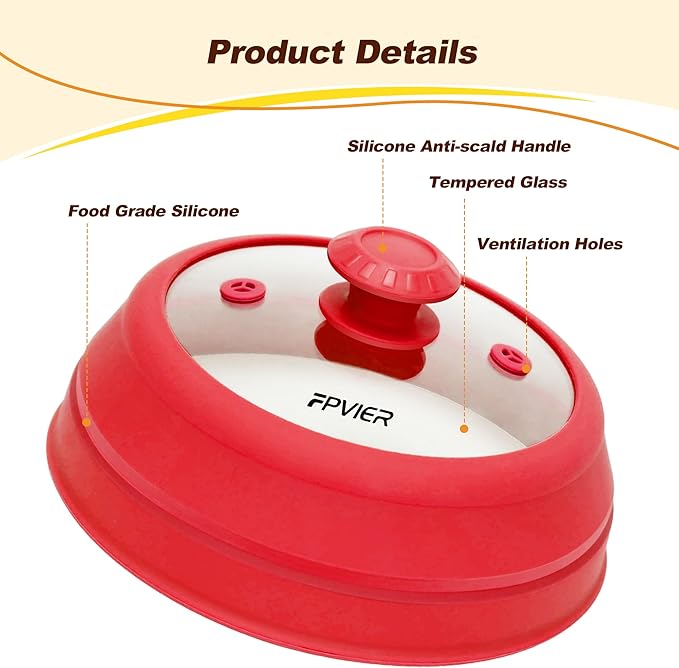 Microwave Splatter cover, Glass Microwave Cover for Food, Guard Lid with Collapsible Silicone for 6-8 inch Plates & Bowls, Dishwasher Safe, Heat Resistant, BPA-Free, 9 inch Red